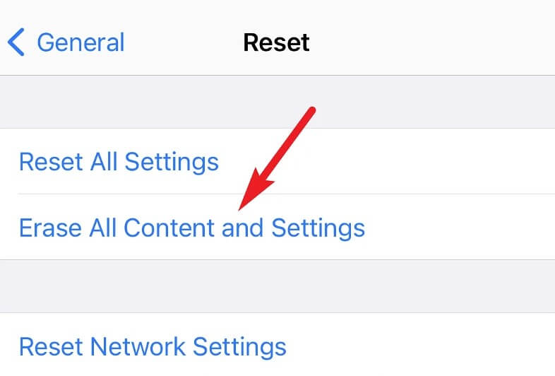 Scroll down and tap the ‘Erase all Content and Settings’ to reset your phone.