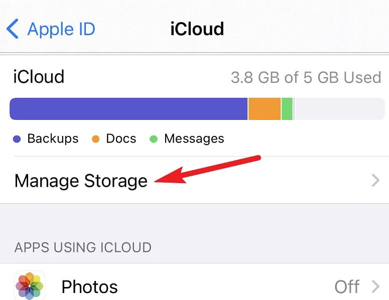 Tap the ‘Manage Storage’ option.