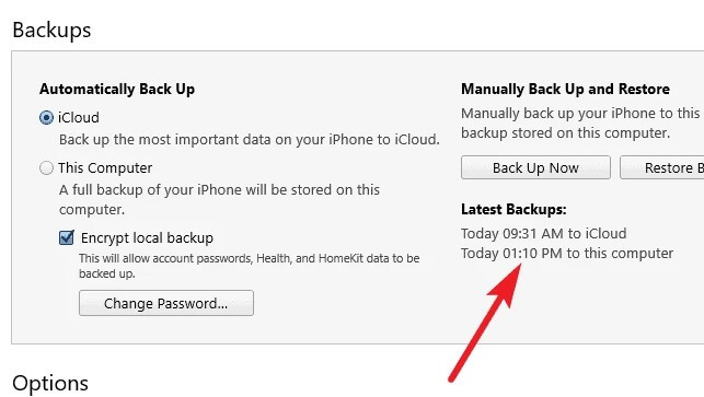 Under backups, you’ll find the date and time of the latest backup to your computer.