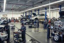 Auto dealership service department with multiple vehicles raised on lifts and technicians performing service and repair work.
