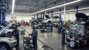 Auto dealership service department with multiple vehicles raised on lifts and technicians performing service and repair work.