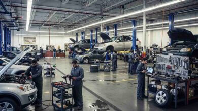 Auto dealership service department with multiple vehicles raised on lifts and technicians performing service and repair work.