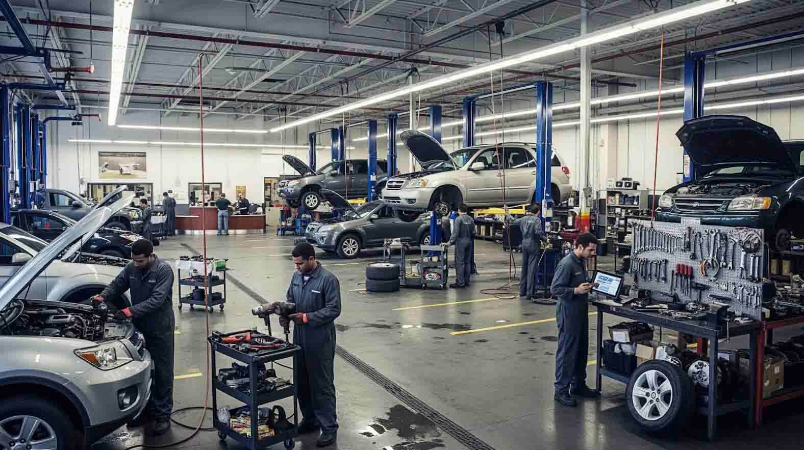 Auto dealership service department with multiple vehicles raised on lifts and technicians performing service and repair work.
