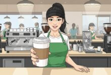 Starbucks barista serving coffee.