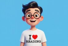 Smiling book lover wearing “I love reading” shirt
