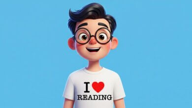 Smiling book lover wearing “I love reading” shirt