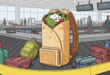 burrito backpack on airport luggage carousel