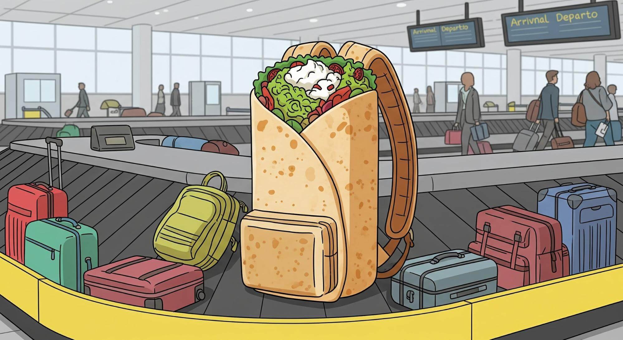 burrito backpack on airport luggage carousel