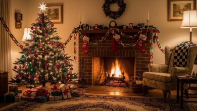 cozy vintage christmas fireplace scene