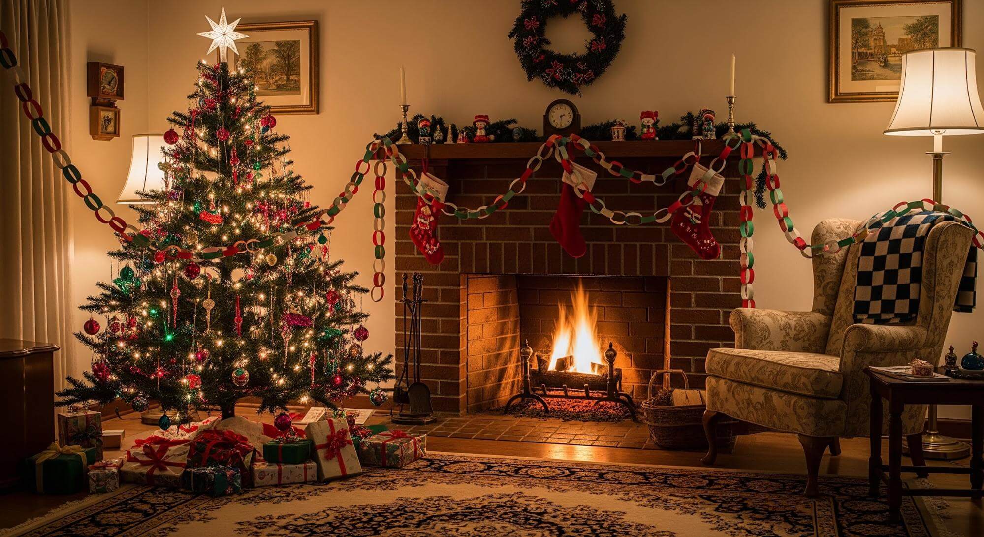 cozy vintage christmas fireplace scene