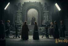 Behind-the-scenes view of a fantasy film set with actors in medieval cloaks standing in a stone throne hall while camera crews film a dramatic scene.