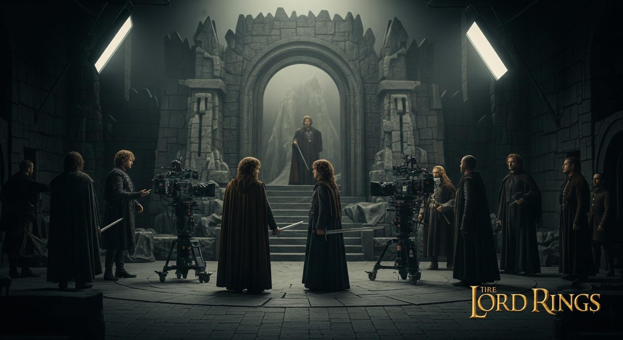 Behind-the-scenes view of a fantasy film set with actors in medieval cloaks standing in a stone throne hall while camera crews film a dramatic scene.