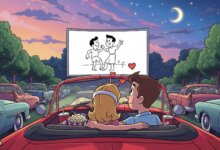 Romantic drive-in movie date illustration