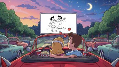 Romantic drive-in movie date illustration