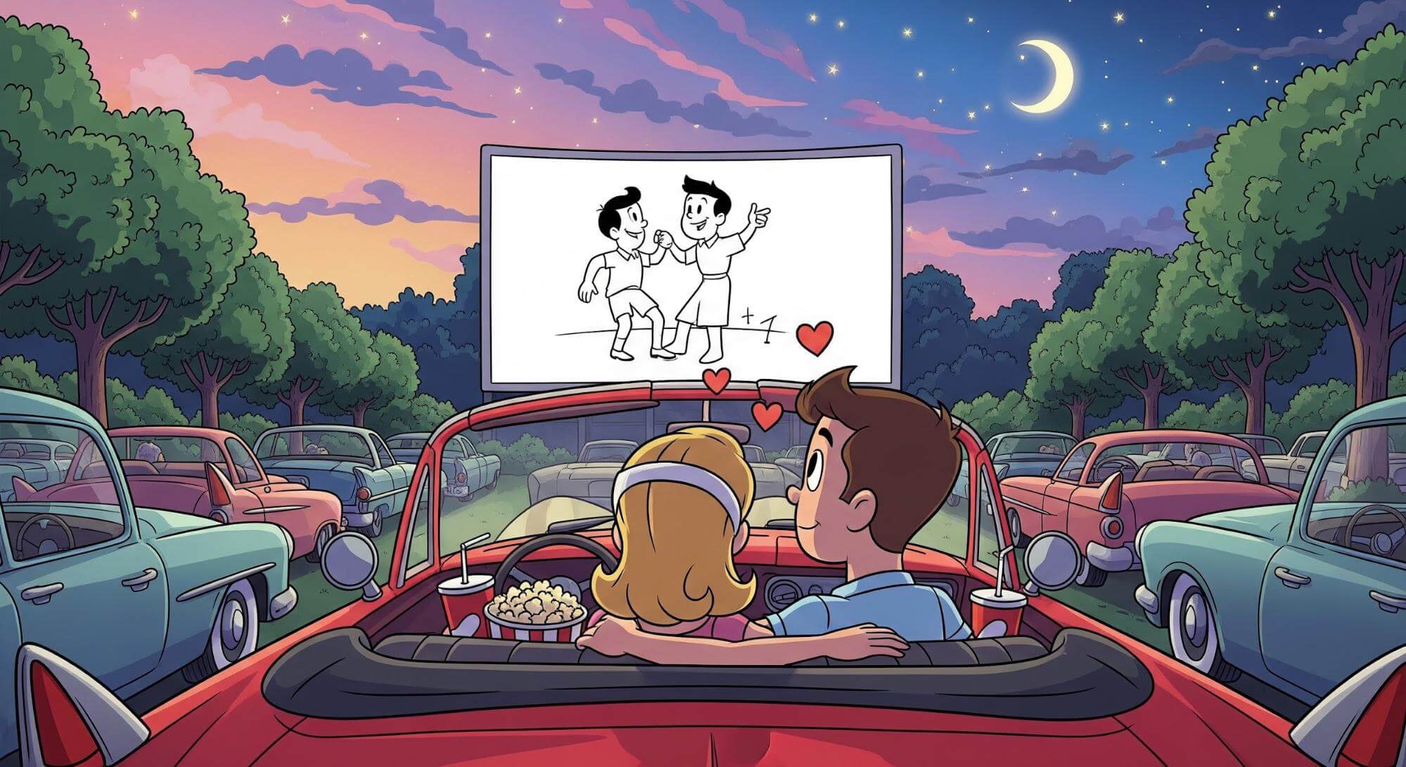 Romantic drive-in movie date illustration