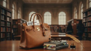 minimalist aesthetic photo of library card beside designer handbag
