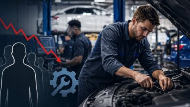automotive technician working on complex vehicle as dealerships face growing skilled worker shortage