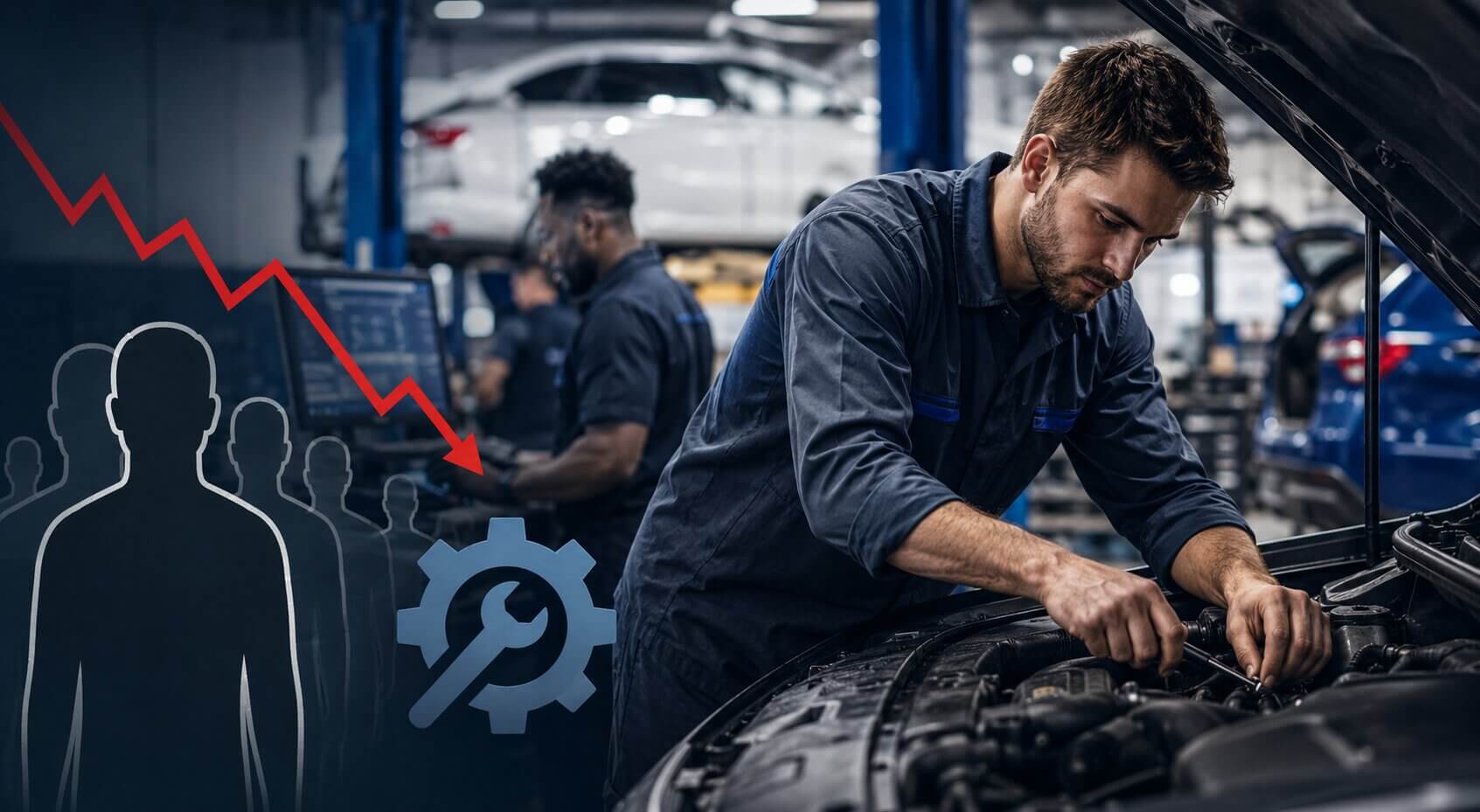automotive technician working on complex vehicle as dealerships face growing skilled worker shortage