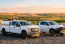 Ford and Ram work trucks parked at a farm in rural Washington.