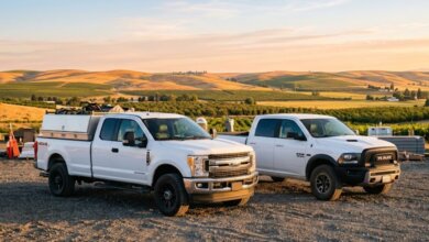 Ford and Ram work trucks parked at a farm in rural Washington.