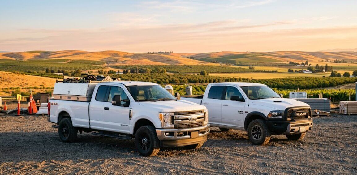Ford and Ram work trucks parked at a farm in rural Washington.
